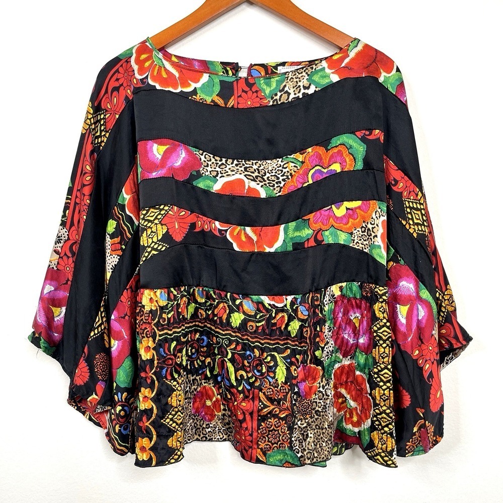 Alberto Makali 100% Silk Y2K Floral Top Sz M Multicolor Kimono Sleeve Artsy Boho